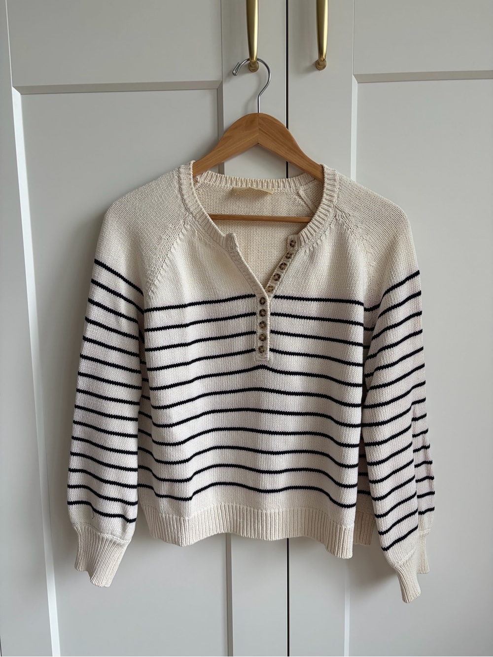 Sezane Cream and Navy Striped Henley Sweater